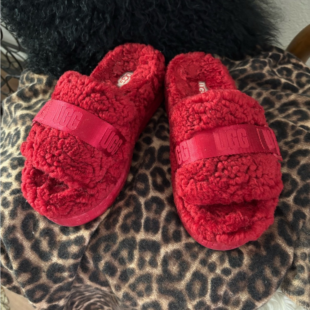 UGG Vibrant Red Fluffy Platform Slides